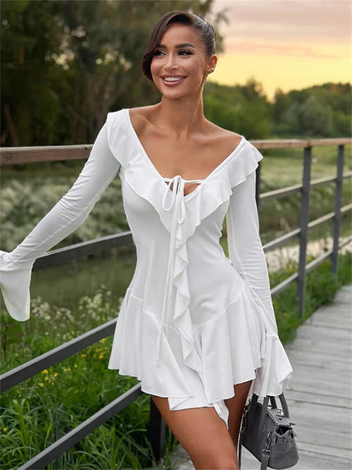 Tossy Ruffled Lace-Up White Mini Dress Women's V-Neck Patchwork Long