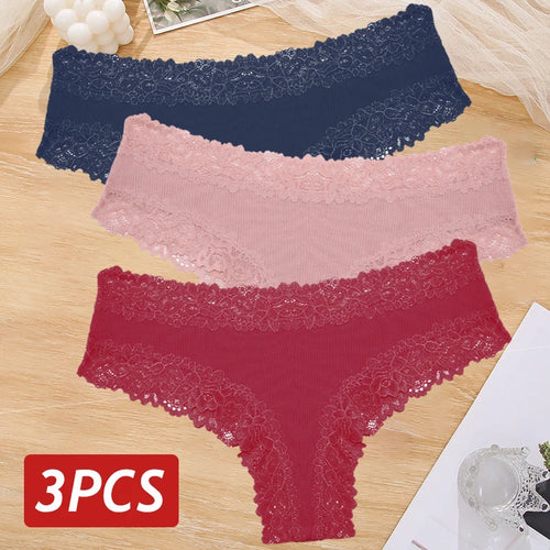 3PCS Sexy Lace Panties Women Cotton Underwear Low Rise Solid Color