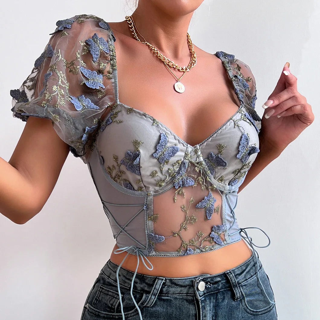 Yimunancy Boho Bufferfly Embroidery Puff Sleeve Top Women V Neck Summer Backless Short Sleeve Sexy Cropped Top Blouse