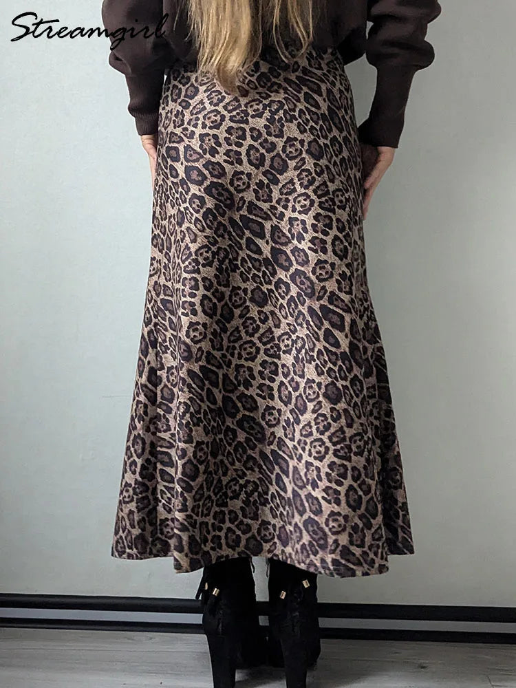 Winter Leopard Print Suede Skirt Long Women Autumn Vintage A Line