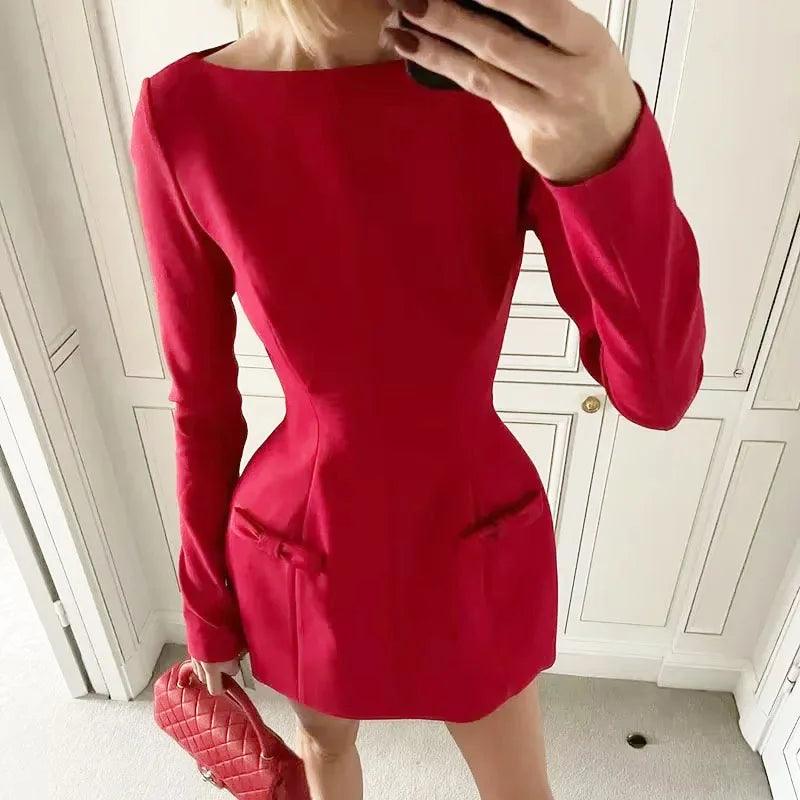 TARUXY Bows Splice Long Sleeve Mini Dress Elegant Office Woman Solid