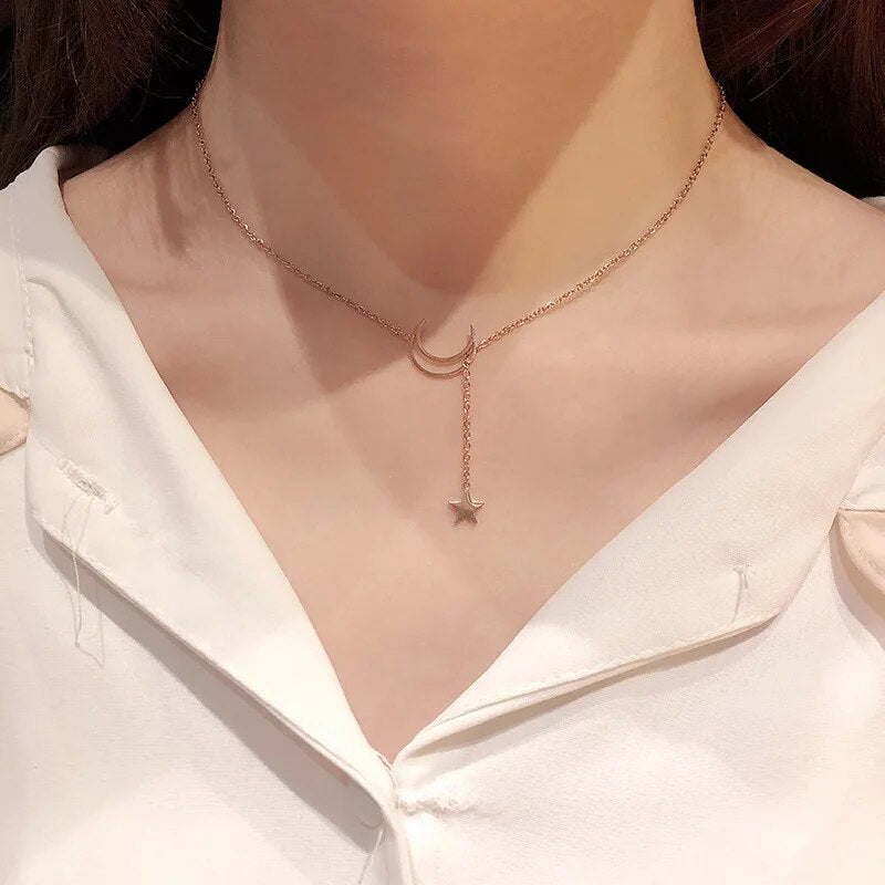 New Simple Moon Star Pendant Choker Necklace Simple Gold Color Alloy