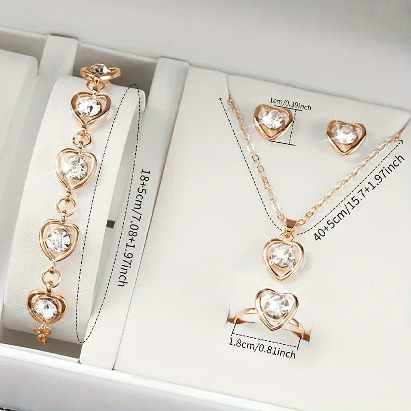 5PCS Set Gold-Color Heart Shaped Jewelry Sets Of Ring Earrings