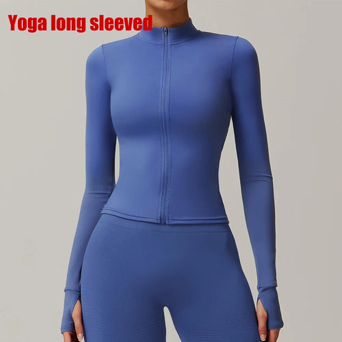 Women Zipper Jacket Yoga T-shirts Solid Sports Top Long Sleeve Crop