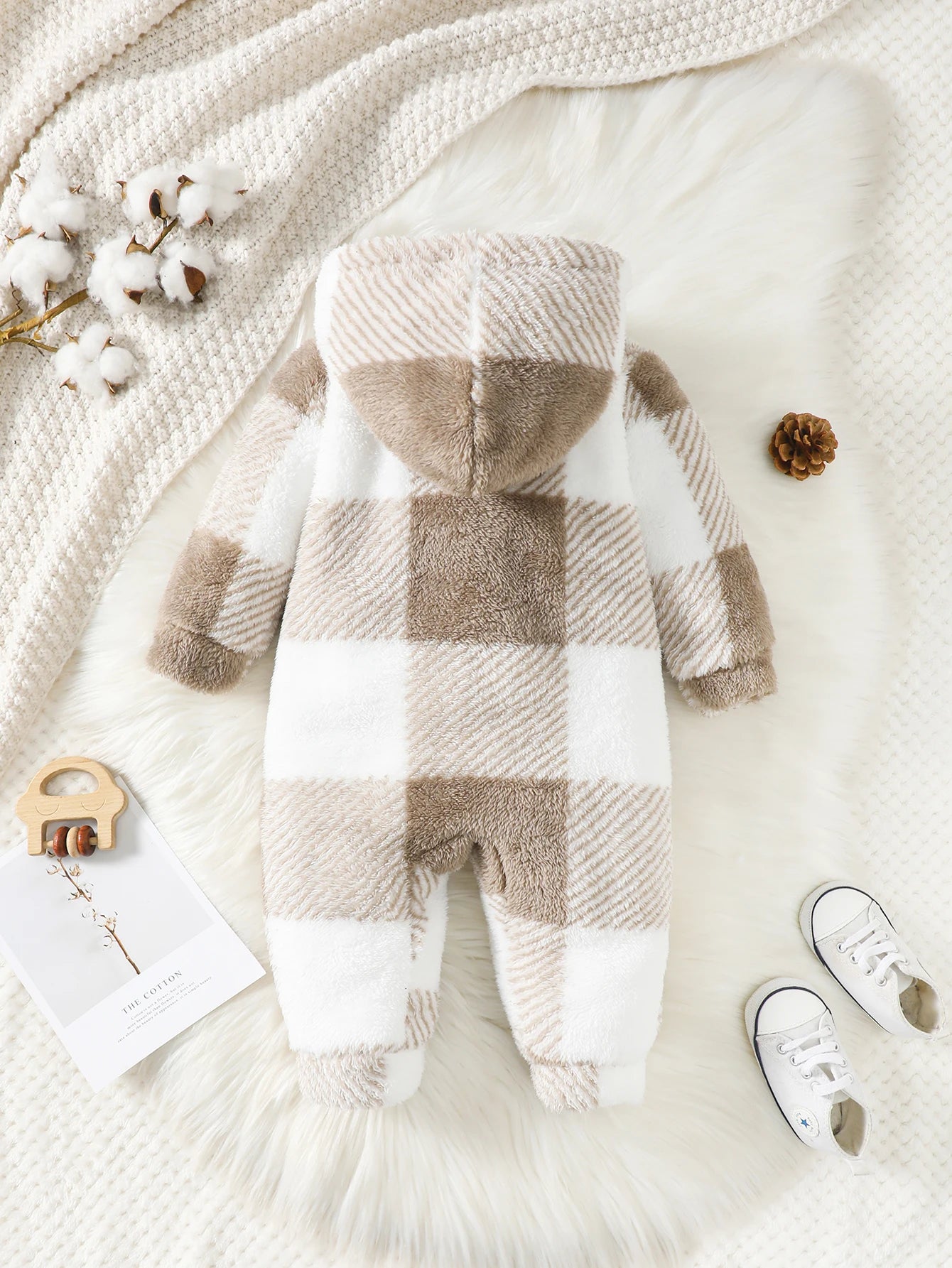 Baby Boys and Girls Plaid Romper Hooded Long Sleeved Plush Jumpsuit