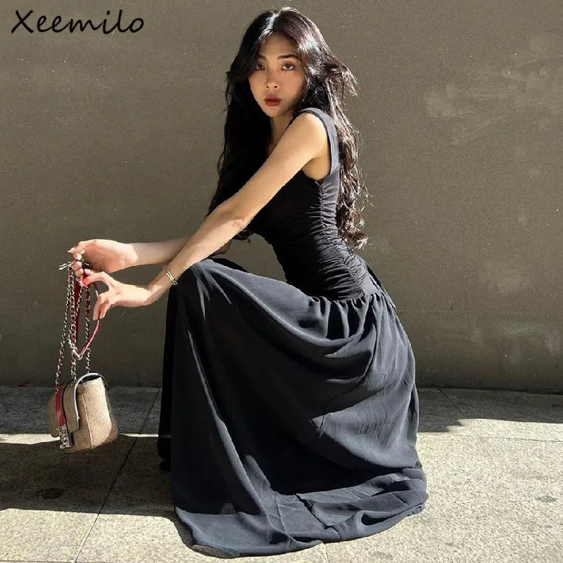 WhereMery Women Summer Party Long Dress Sexy Ruched Bodycon Black Maxi