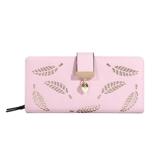 Women Wallet PU Leather Purse Female Long Wallet Gold Hollow Leaves