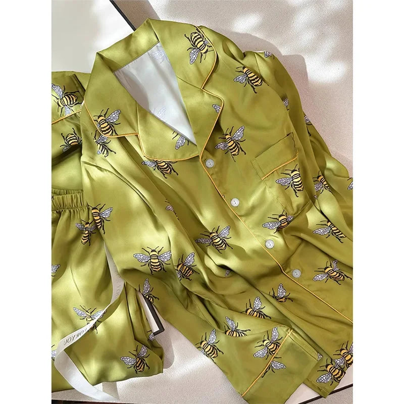 Women's Pajama Set Spring Autumn 2 Piece Pyjama Bee Print Pocket Faux