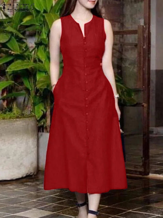 2024 Elegant V Neck Sleeveless Midi Dress Women Summer Sundress ZANZEA