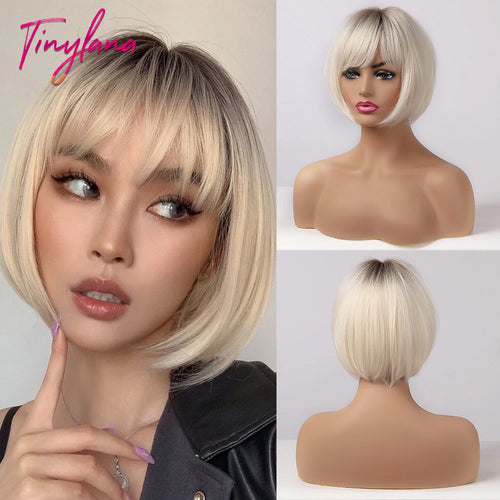 White Blonde Gray Synthetic Wigs with Bangs Short Straight Bob Hair