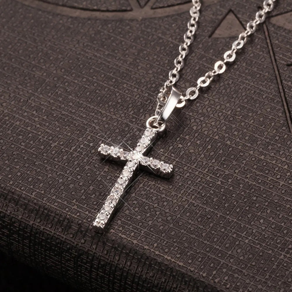 Cross Pendant Rhinestone Inlay Adjustable Necklaces Women Solid Color