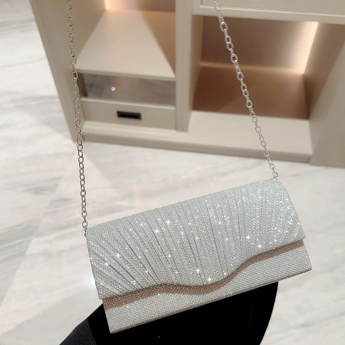 Women Lady Female Silver Evening Dinner Clutch Shiny Elegant Bag