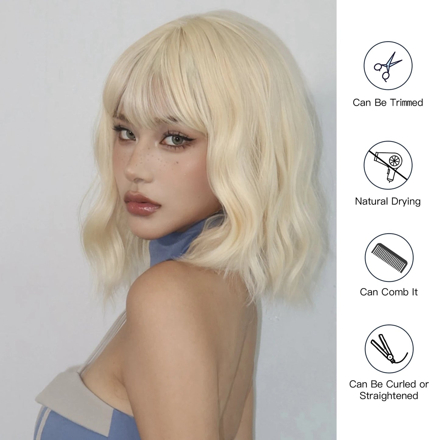 Blonde Short Curly Bob Synthetic Wigs with Bangs Platium Golden Lolita