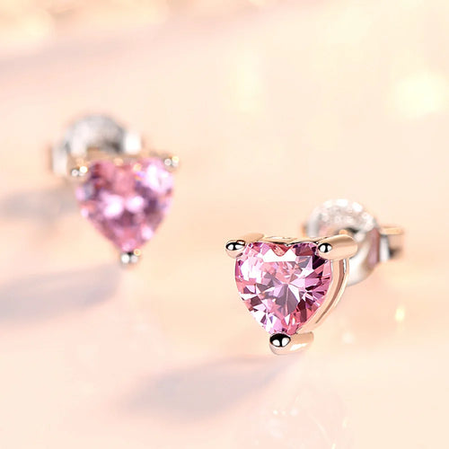 925 Sterling Silver Pink White Purple Red Heart Zircon Stud Earrings