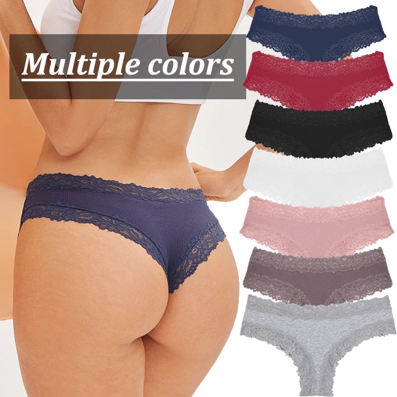 3PCS Sexy Lace Panties Women Cotton Underwear Low Rise Solid Color