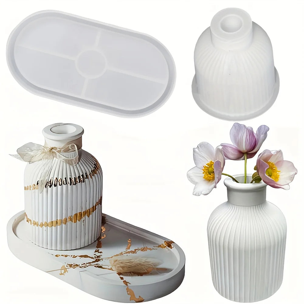 2pcs Vase Tray Silicone Mold, Oval Coaster Mold And Bottle Container