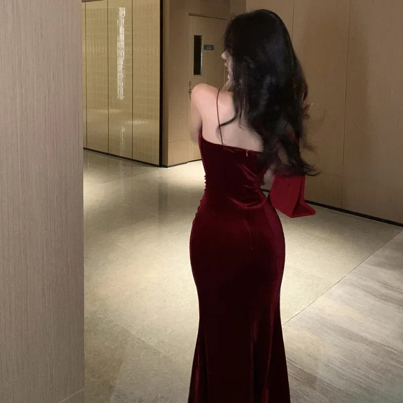 Vintage Sexy Club Prom Red Dresses for Women Spaghetti Strap Slit