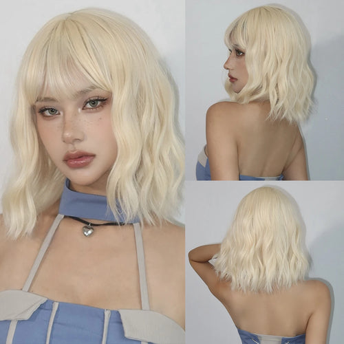 Blonde Short Curly Bob Synthetic Wigs with Bangs Platium Golden Lolita