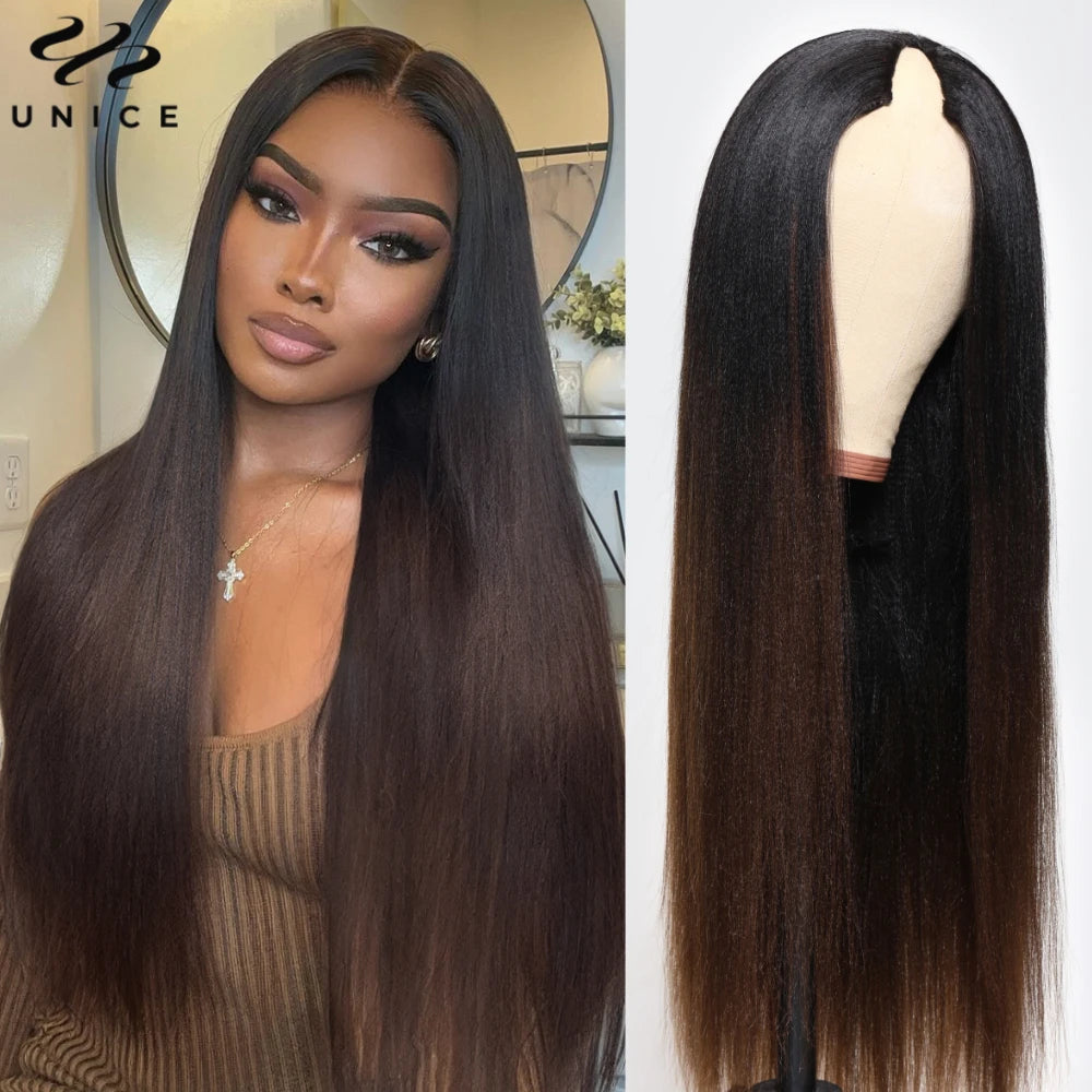 UNice Hair Chestnut Brown Yaki Straight V Part Wig 100% Human Hair