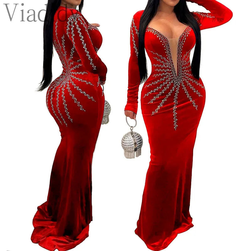 Women Sexy Velvet Mesh Rhinestone V-Neck Floor-Length Evening Party