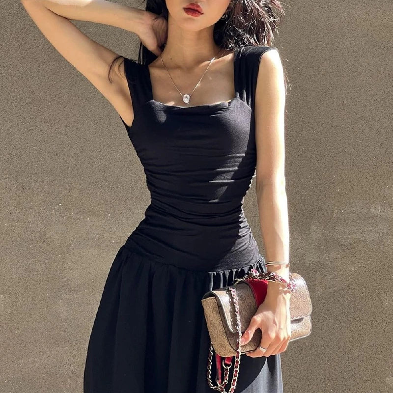 WhereMery Women Summer Party Long Dress Sexy Ruched Bodycon Black Maxi