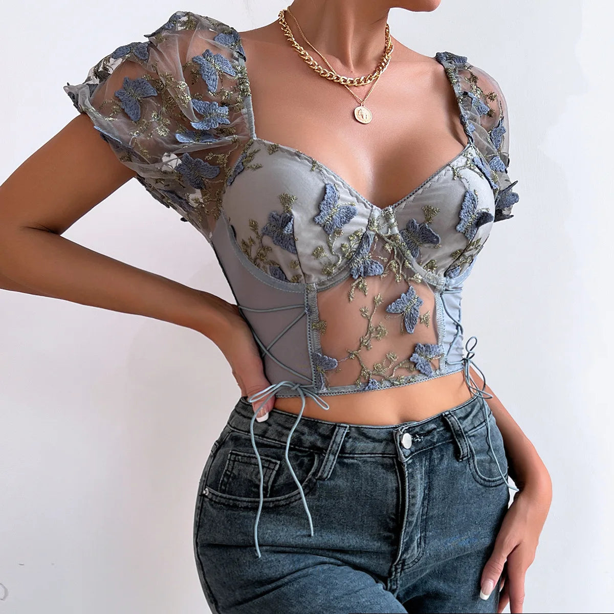 Yimunancy Floral Embroidery Crop Tops Women Puff Sleeve Ruched Backless Boho Tops