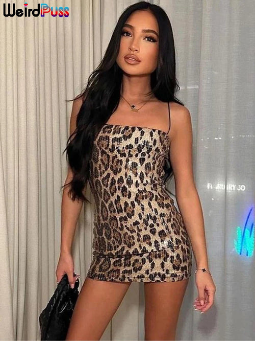 Weird Puss Leopard Print Sexy Dress Women Sequins Hipster Summer