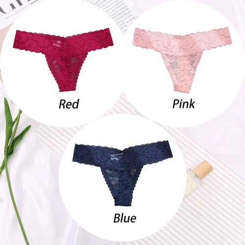 3PCS Sexy Lace G-string for Women Panties Transparent Floral Thongs