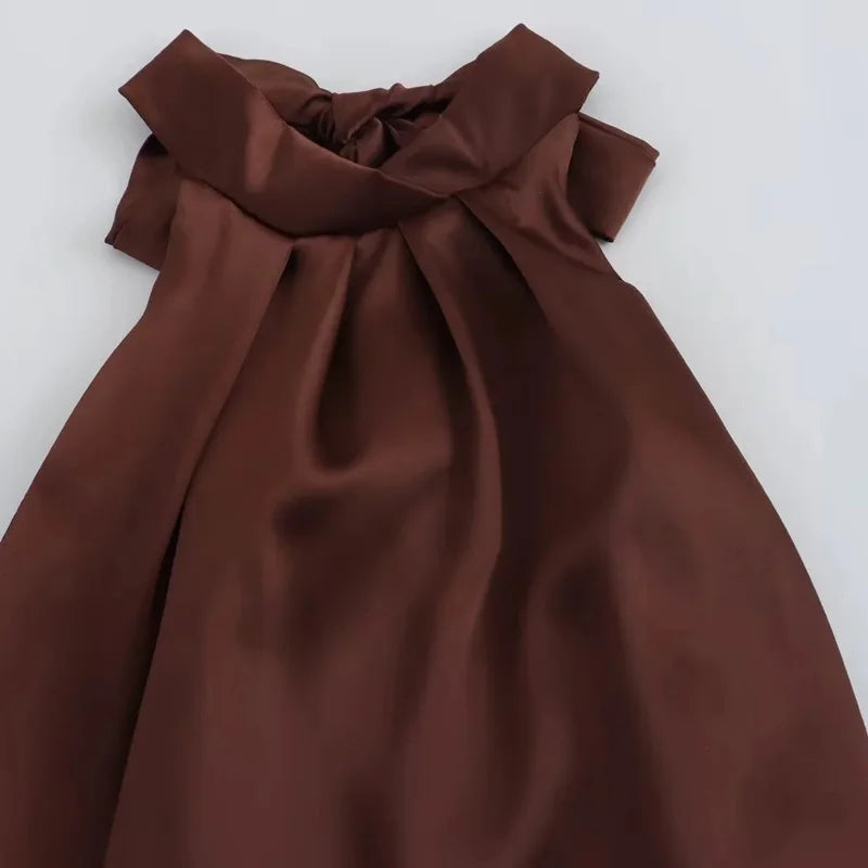 TRAF Halter Satin Long Dress Women Tied Backless Brown Midi Dress