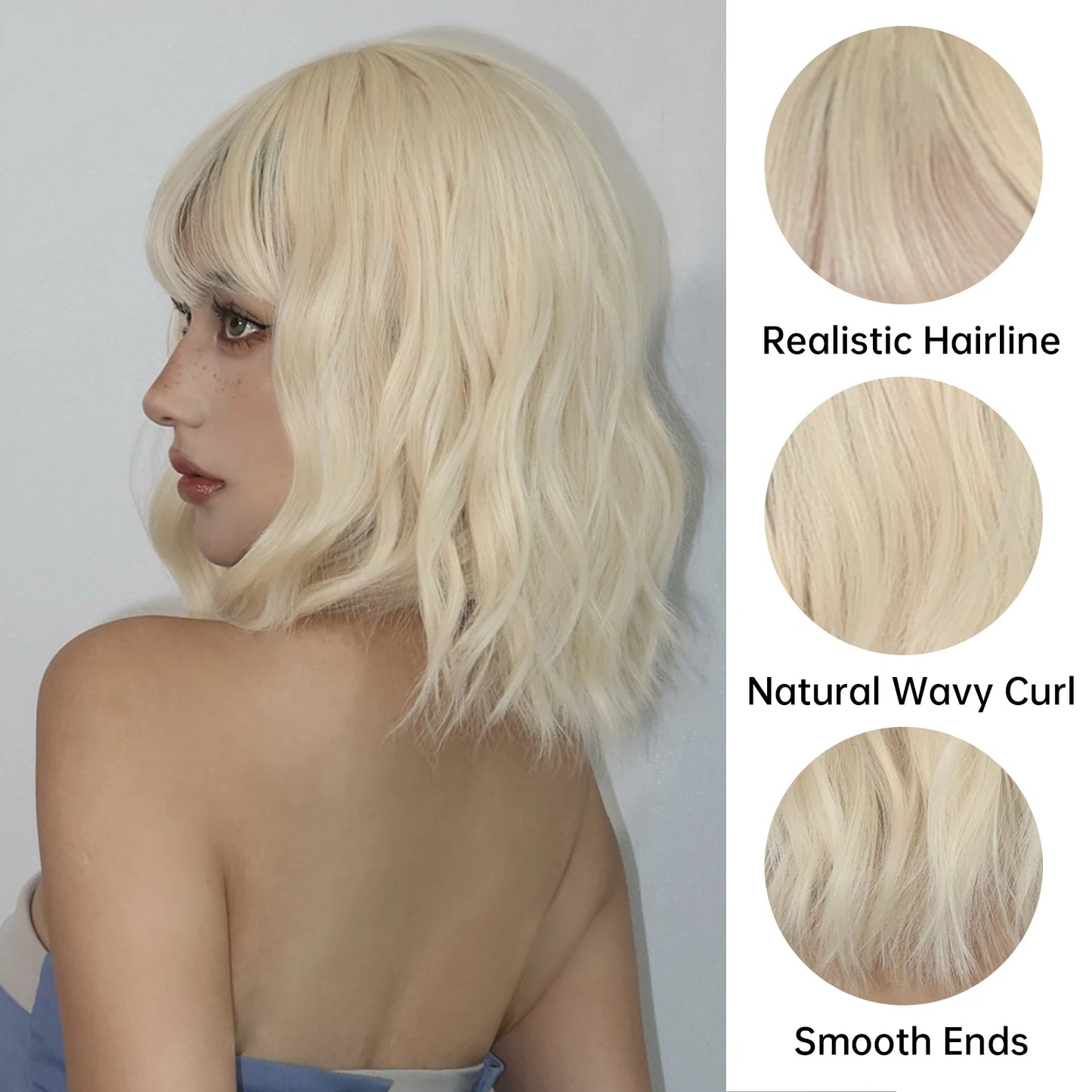 Blonde Short Curly Bob Synthetic Wigs with Bangs Platium Golden Lolita