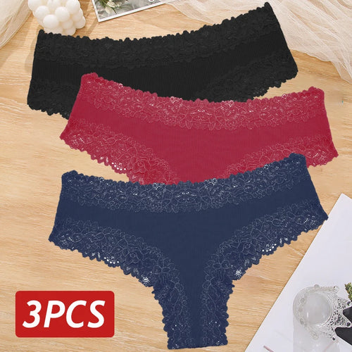 3PCS Sexy Lace Panties Women Cotton Underwear Low Rise Solid Color