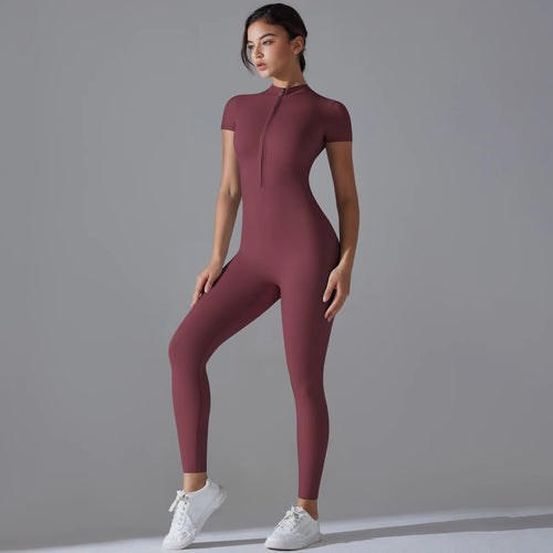 Yoga Set Women's Jumpsuits One-Piece Suit Zipper Short Sleeve Gym Push