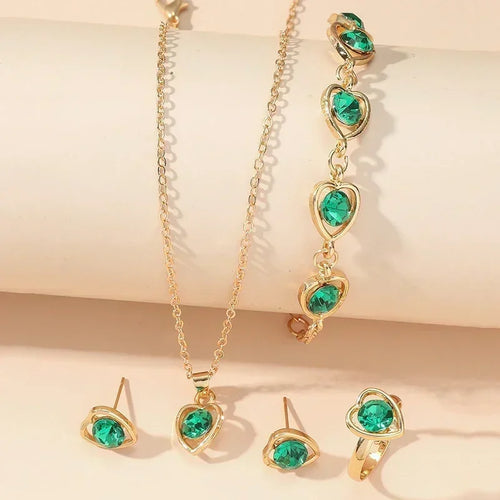 5PCS Set Gold-Color Heart Shaped Jewelry Sets Of Ring Earrings