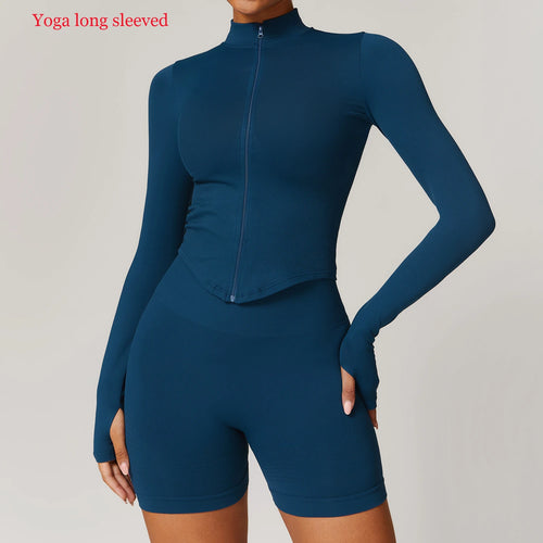 Women Seamless Zipper Jacket Yoga Long Sleeved Gym Top Ribbed Yoga