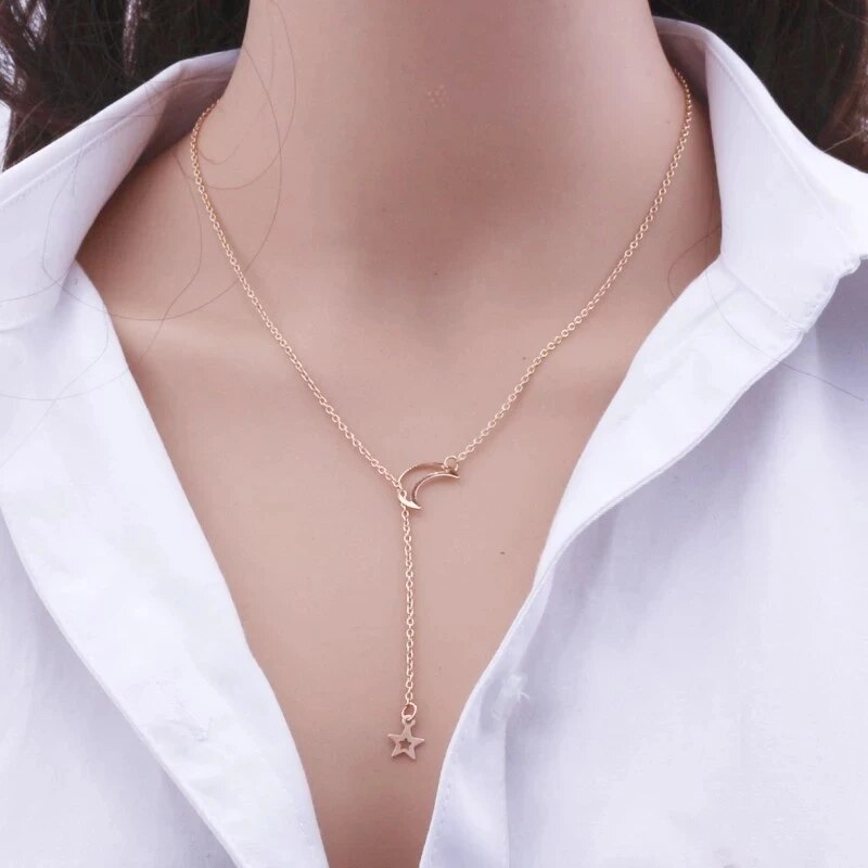 New Simple Moon Star Pendant Choker Necklace Simple Gold Color Alloy