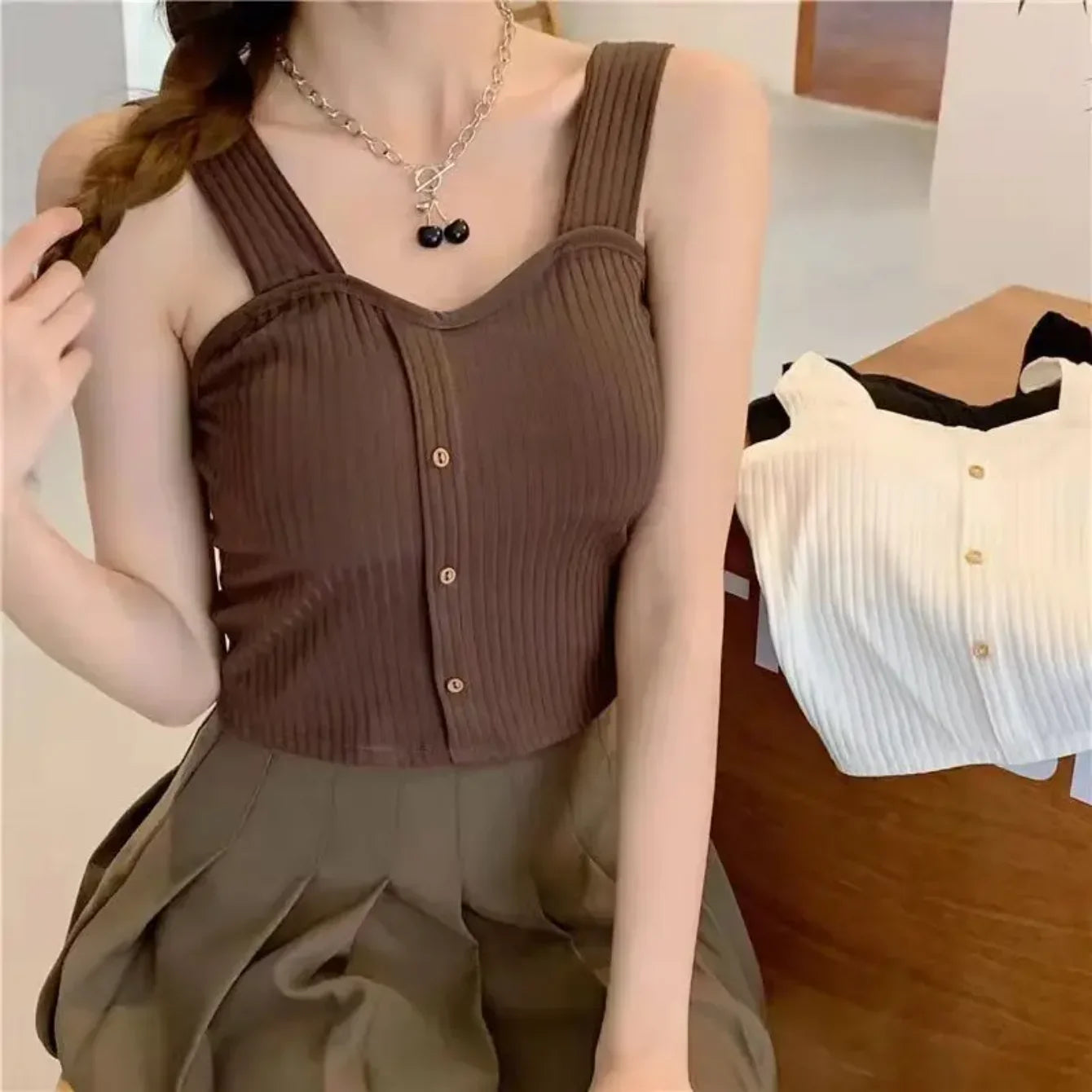 Women's Cropped Tops with Bra Pads Summer Corset Korean Suspenders