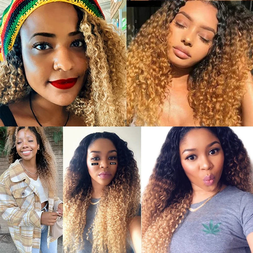 15A Brazilian Kinky Curly Human Hair Bundles Ombre Blonde Colored