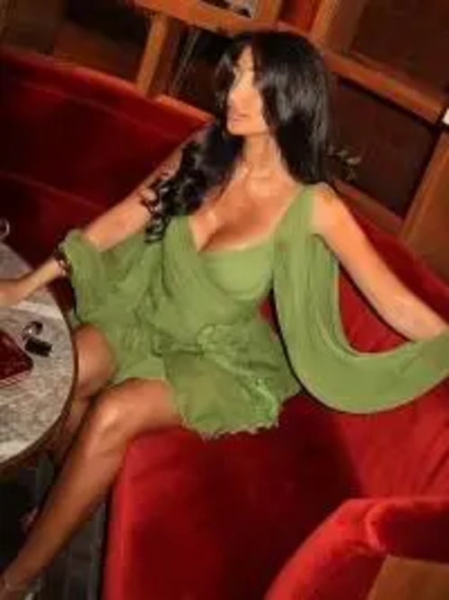 Women's Fashion Green Chiffon Mini Dress Elegant V-neck Split Long