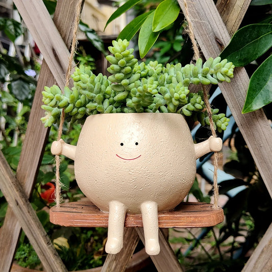 1pc Resin Hanging Planter Pot Rustic Succulent Plant Holder Smiling