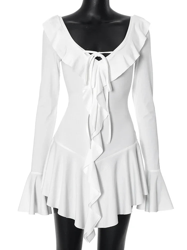 TARUXY White Deep V Neck Ruffled Dress For Women Long Flare Sleeve