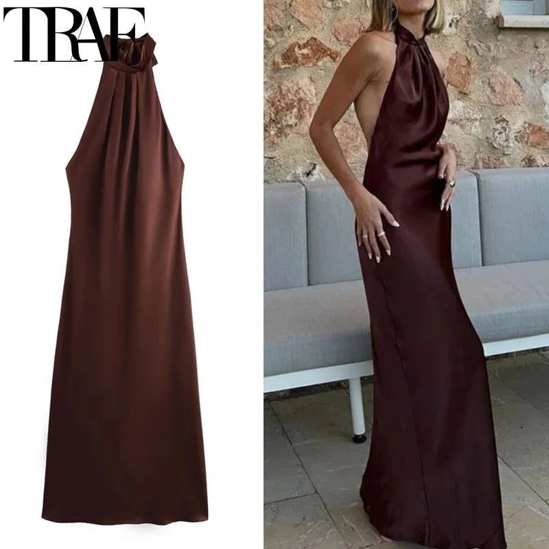 TRAF Halter Satin Long Dress Women Tied Backless Brown Midi Dress