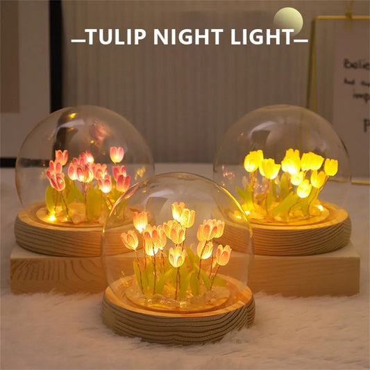 Artificial Tulip Flower Night Light Handmade DIY Bedside Lamp LED