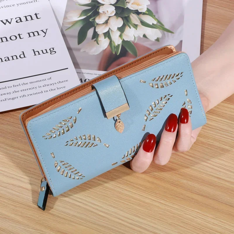 Women Wallet PU Leather Purse Female Long Wallet Gold Hollow Leaves