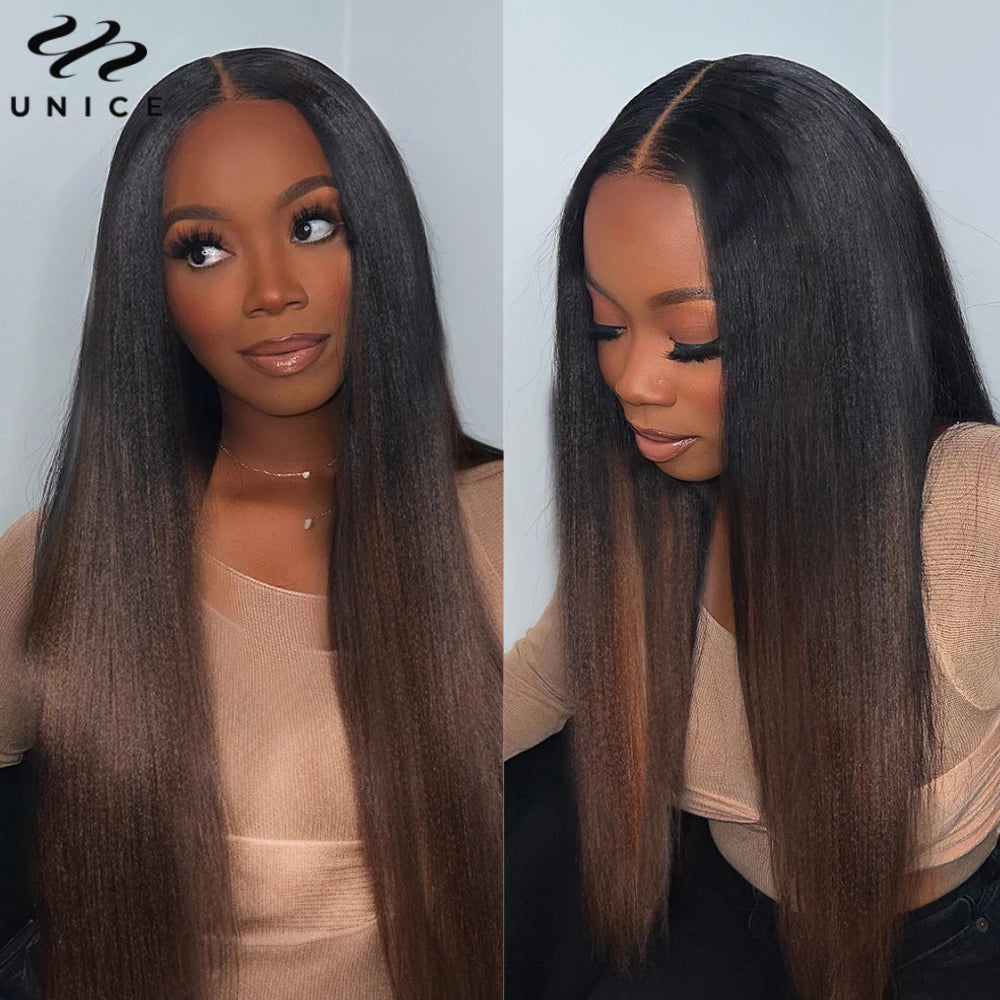 UNice Hair Chestnut Brown Yaki Straight V Part Wig 100% Human Hair