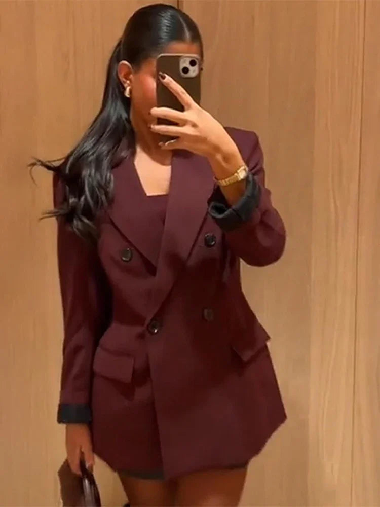 Women Burgundy Red Blazers Coats Vintage Lapel Double Breasted Long