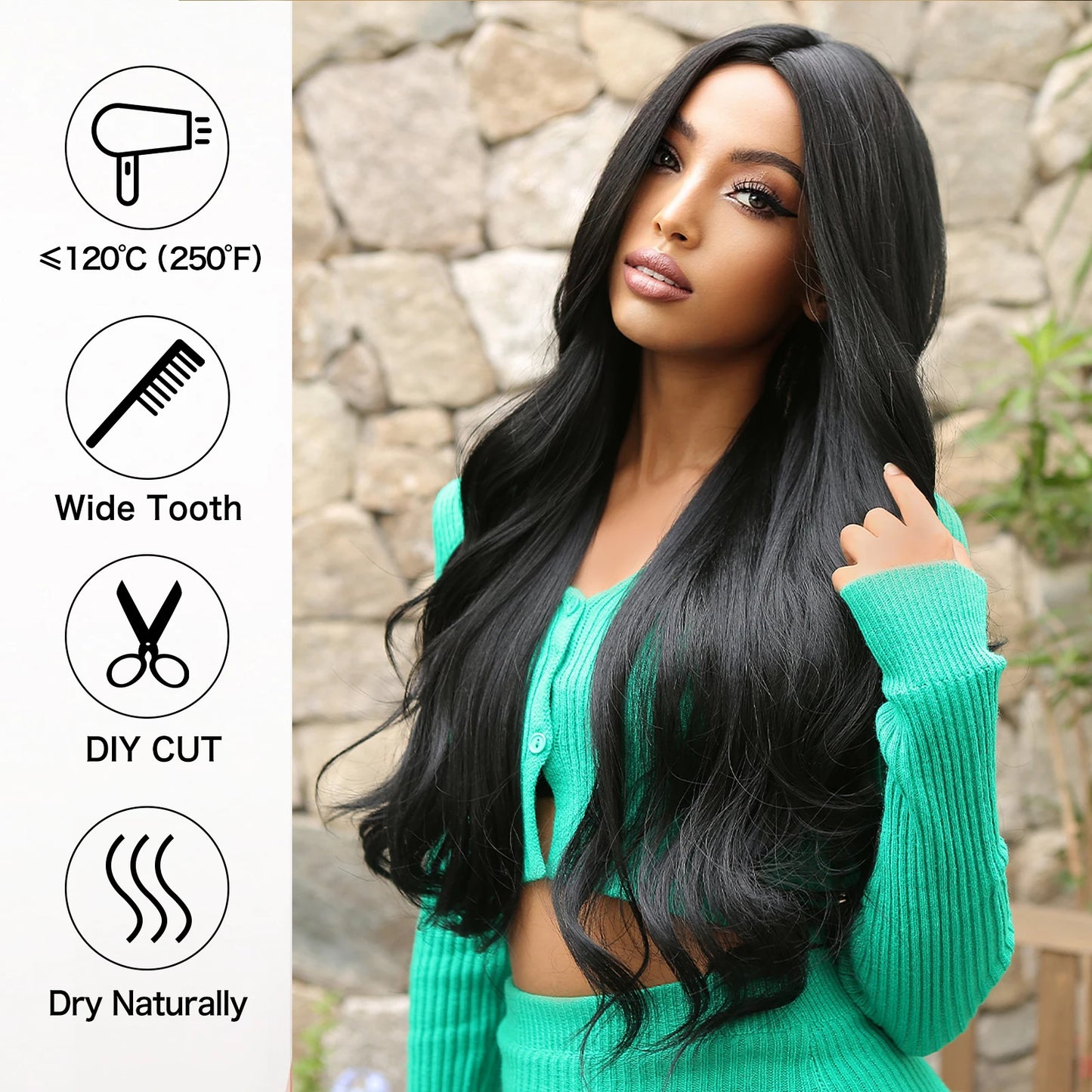 ALAN EATON Black Long Body Wavy Synthetic Wigs for Women Afro Natural