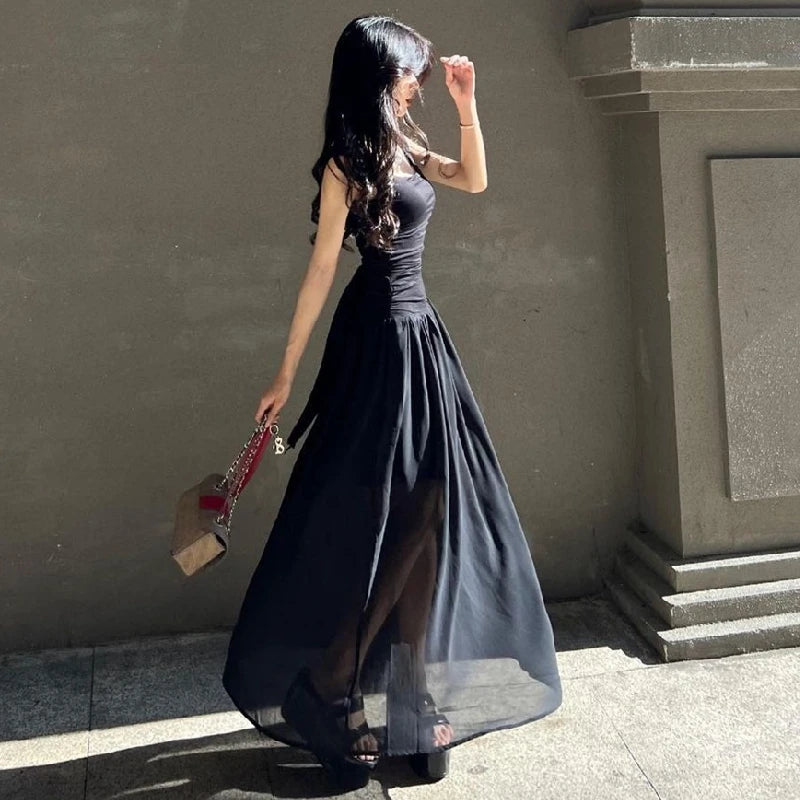 WhereMery Women Summer Party Long Dress Sexy Ruched Bodycon Black Maxi