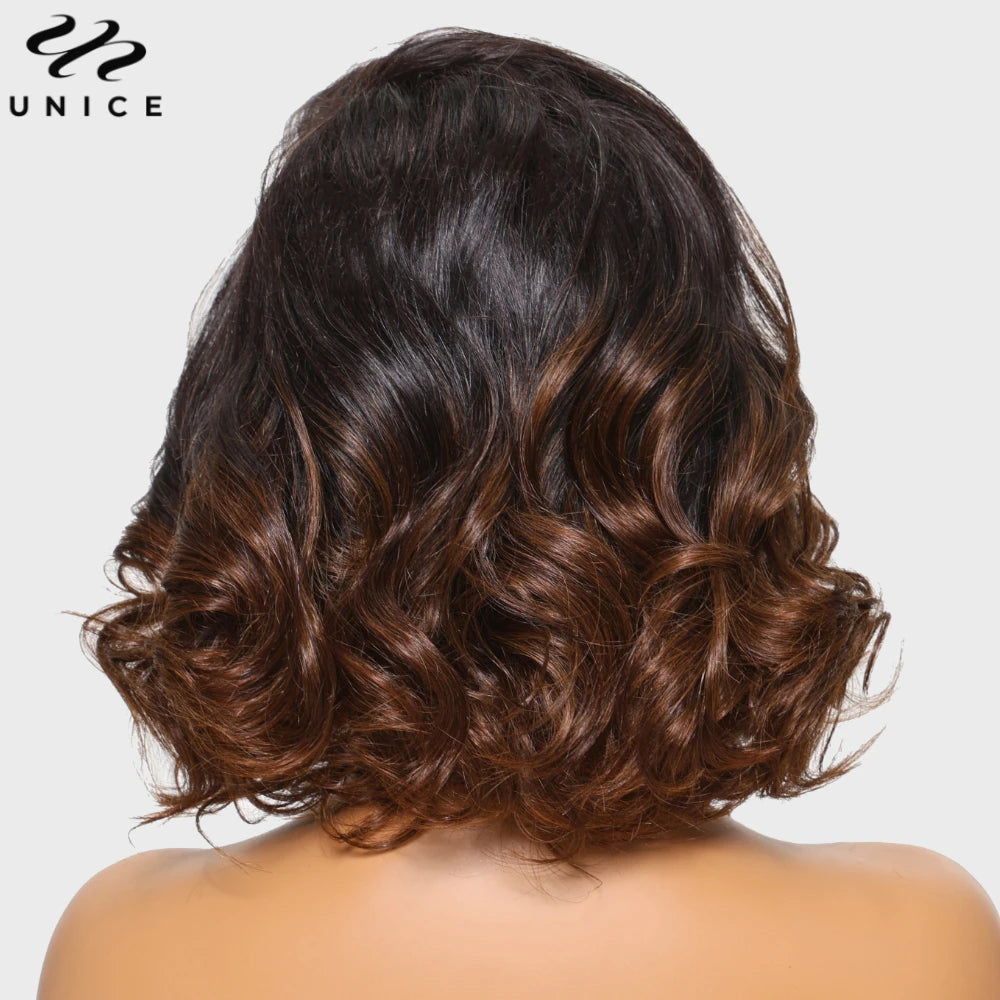 UNice Hair Ombre Brown Spiral Curls Wavy Bob Wig 13x4 Human Hair Lace