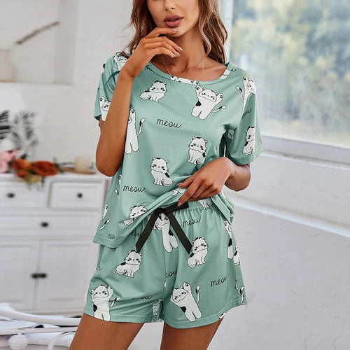 Women Pajamas Sets Short Sleeve Nightwear Top and Pants Sleepwear 2