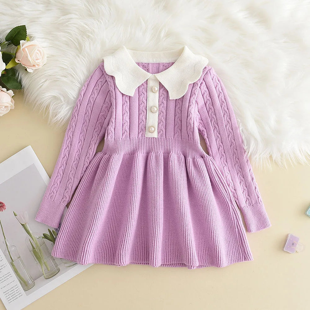 Winter Girls Knitting Wool Long Sleeve Dress Autumn Girls Baby Ruffle